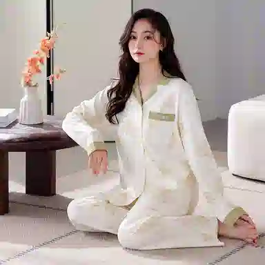 歌倩雅 开衫翻领甜美长袖长裤家居服睡衣套装 女款 图色