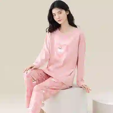 歌倩雅 小兔子字母圆领上衣爱心吸汗排湿长裤睡衣套装 女 粉色