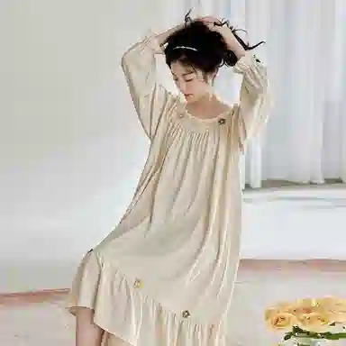 歌倩雅 清新甜美可外穿长袖睡裙 女款 浅杏