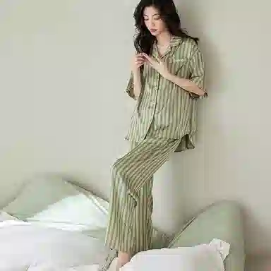 歌倩雅 凉感型短袖长裤薄款条纹高级感家居服睡衣套装 女款 绿色