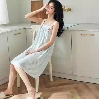 歌倩雅 吊带薄款清新甜美格子吊带睡裙 女款 浅蓝色