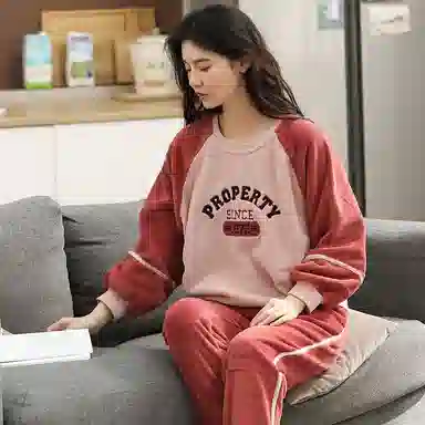 歌倩雅 珊瑚绒加绒加厚保暖法兰绒长袖长裤睡衣套装 女款 红色