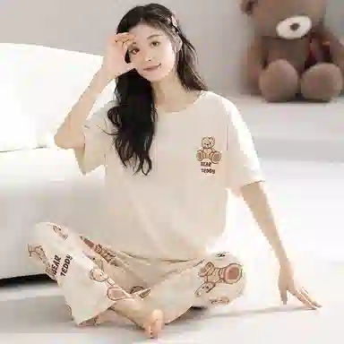 歌倩雅 纯棉舒适圆领短袖长裤睡衣套装 女款 杏色