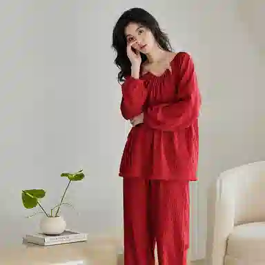 歌倩雅 休闲纯色圆领套头长袖上衣松紧腰长裤睡衣套装 女款 大红色