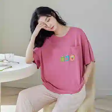 歌倩雅 纯色圆领短袖松紧腰长裤可外穿睡衣套装 女款 玫粉