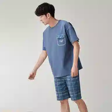 歌倩雅 纯色圆领短袖上衣格子松紧腰短裤睡衣套装 男款 蓝色