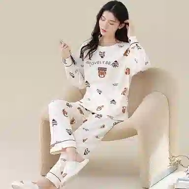 歌倩雅 纯棉长袖长裤休闲可外穿家居服睡衣套装 女 白色