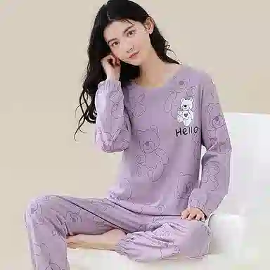 歌倩雅 卡通套头甜美休闲长袖长裤可外穿全棉睡衣套装 女款 紫色
