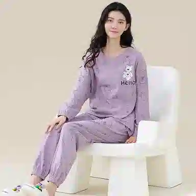 歌倩雅 卡通套头甜美休闲长袖长裤可外穿全棉睡衣套装 女款 紫色