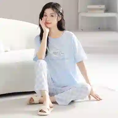 歌倩雅 圆领短袖上衣舒适可外穿长裤睡衣套装 女款 蓝色