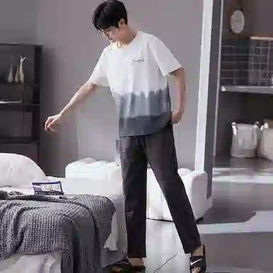 歌倩雅 撞色字母印花圆领上衣纯色透气裤子睡衣套装 男款 白色