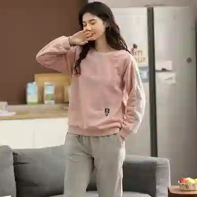 歌倩雅 法兰绒珊瑚绒长袖长裤保暖加厚睡衣套装 女款 灰粉色