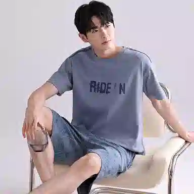 歌倩雅 舒适透气简约短袖五分裤睡衣套装 男款 蓝色