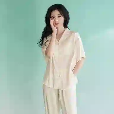 歌倩雅 纯色翻领短袖松紧腰长裤时尚高级感睡衣套装 女款 杏色