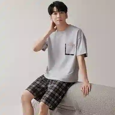 歌倩雅 休闲圆领套头短袖上衣松紧腰格子短裤睡衣套装 男款 灰色