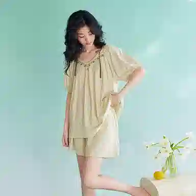 歌倩雅 短袖甜美可爱高级感可外穿短袖睡衣套装 女款 米白
