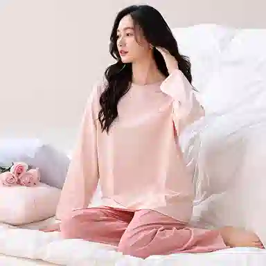 歌倩雅 简约亲肤舒适带胸垫圆领套头长袖休闲可外穿长裤睡衣礼盒 女款 粉色