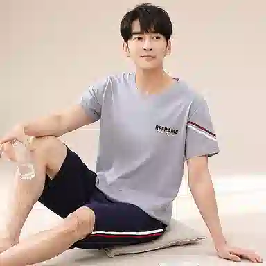 歌倩雅 加大码舒适亲肤柔软吸湿排汗简约短袖睡衣套装 男款 灰色