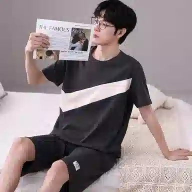 歌倩雅 圆领简约透气上衣松紧腰短裤睡衣套装 男款 黑色