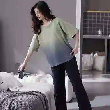 歌倩雅 五分袖圆领简约长裤睡衣套装 女款 绿色