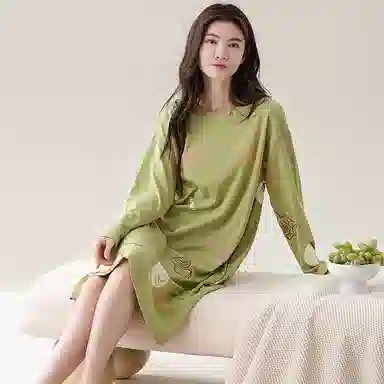 歌倩雅 纯棉长袖中长款睡裙 女款 绿色