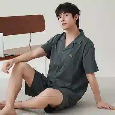 歌倩雅 纯色翻领休闲短袖松紧腰短裤睡衣套装 男款 深灰色