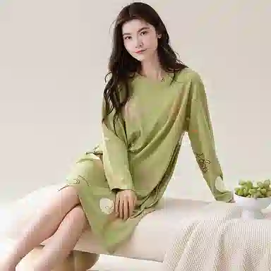 歌倩雅 纯棉长袖中长款睡裙 女款 绿色