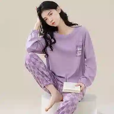 歌倩雅 简约纯色圆领长袖格子长裤可外出穿运动睡衣套装 女 紫色