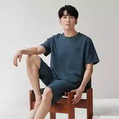 歌倩雅 圆领舒适短袖上衣松紧腰纯色短裤睡衣套装 男款 蓝色