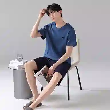 歌倩雅 简约亲肤舒适圆领套头短袖休闲可外穿五分裤睡衣套装 男款 深蓝色