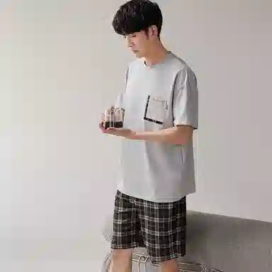 歌倩雅 休闲圆领套头短袖上衣松紧腰格子短裤睡衣套装 男款 灰色