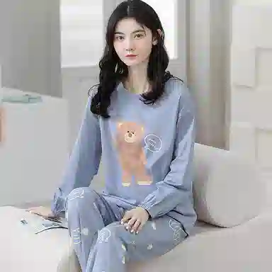 歌倩雅 纯棉长袖可爱小熊简约舒适睡衣套装 女款 图色