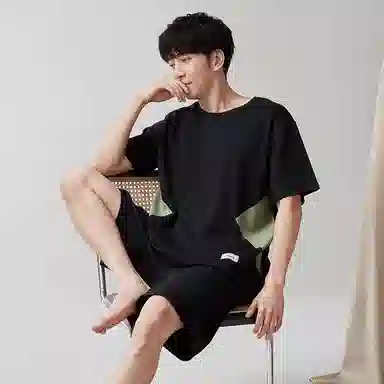 歌倩雅 宽松圆领套头短袖睡衣套装 男款 黑色