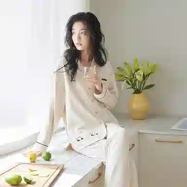歌倩雅 简约休闲翻领长袖上衣松紧腰长裤睡衣套装 女款 米色