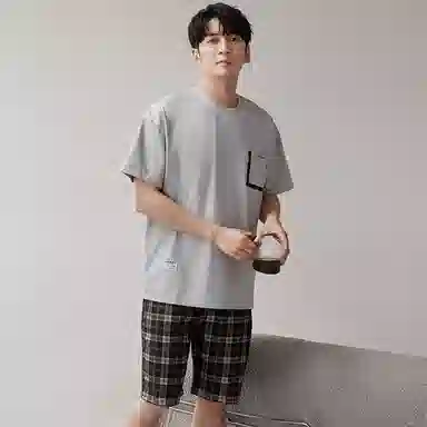 歌倩雅 休闲圆领套头短袖上衣松紧腰格子短裤睡衣套装 男款 灰色