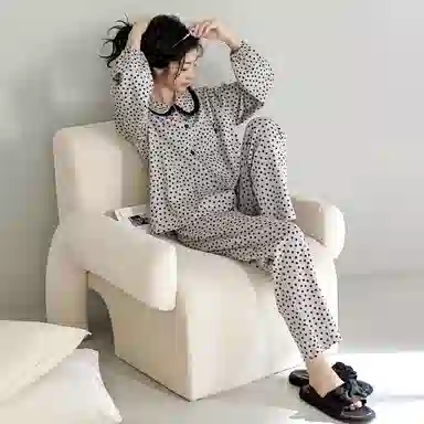 歌倩雅 碎花翻领设计气质时尚长袖上衣长裤睡衣套装 女款 浅灰