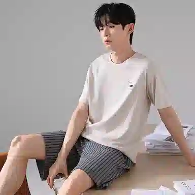 歌倩雅 薄款休闲舒适短袖五分裤可外穿睡衣套装 男款 图色