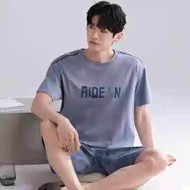 歌倩雅 舒适透气简约短袖五分裤睡衣套装 男款 蓝色