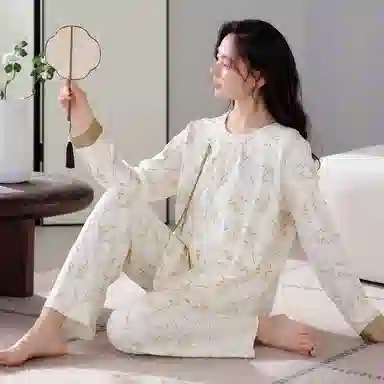 歌倩雅 简约国风亲肤舒适套头长袖休闲可外穿长裤睡衣套装 女款 图片色