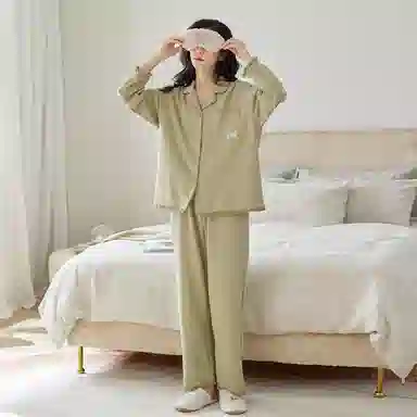 歌倩雅 纽扣流苏边口袋长袖上衣纯色简约长裤睡衣套装 女款 绿色流苏边