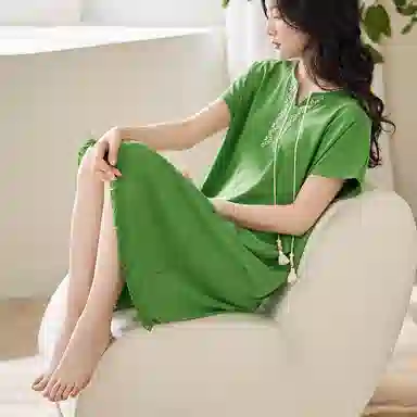 歌倩雅 亲肤舒适简约短袖睡裙 女款 绿色