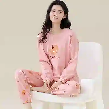 歌倩雅 食物图案字母印花圆领上衣厚款保暖长裤睡衣套装 女款 粉色