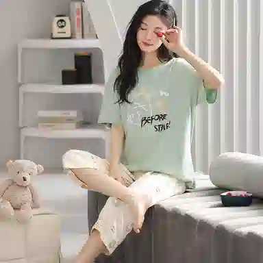 歌倩雅 纯棉短袖七分裤高级感加大码家居服睡衣套装 女款 图色