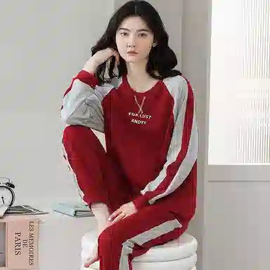 歌倩雅 圆领套头长袖长裤可外穿睡衣套装 女款 红色