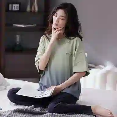 歌倩雅 五分袖圆领简约长裤睡衣套装 女款 绿色