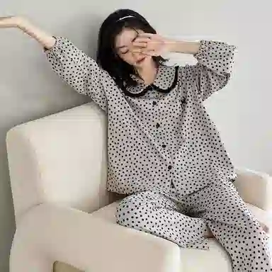 歌倩雅 碎花翻领设计气质时尚长袖上衣长裤睡衣套装 女款 浅灰