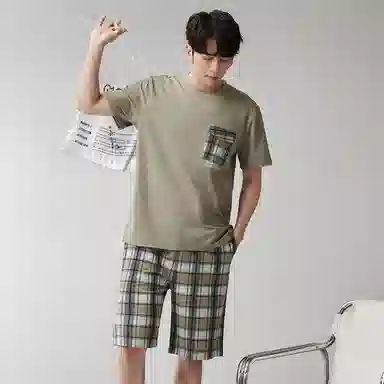 歌倩雅 圆领舒适短袖上衣亲肤柔软短裤睡衣套装 男款 抹茶色