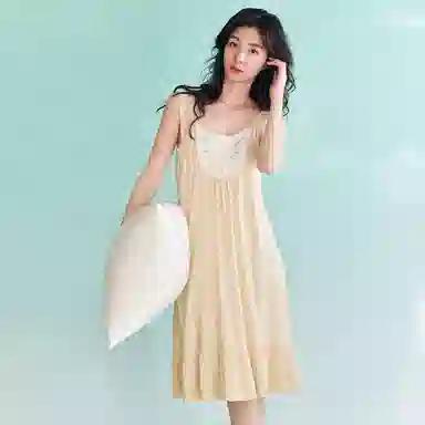 歌倩雅 凉感甜美可爱时尚中长款吊带睡裙 女款 米色
