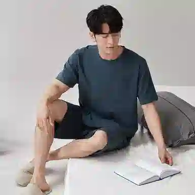 歌倩雅 圆领舒适短袖上衣松紧腰纯色短裤睡衣套装 男款 蓝色