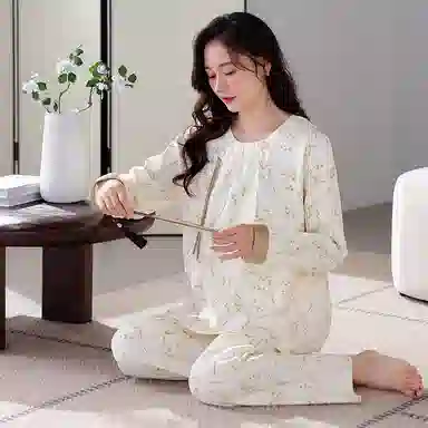 歌倩雅 简约国风亲肤舒适套头长袖休闲可外穿长裤睡衣套装 女款 图片色